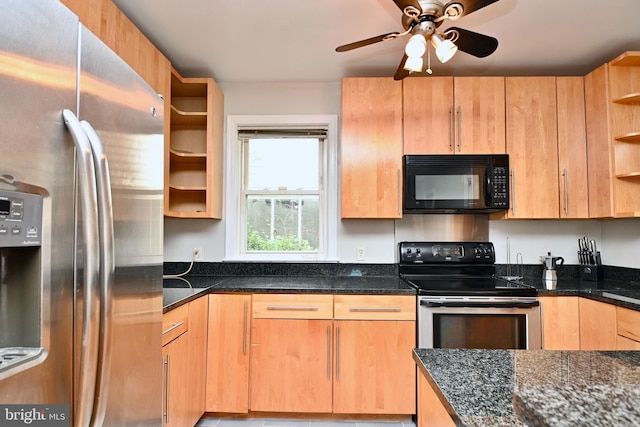 kitchen with range with electric cooktop, stainless steel fridge with ice dispenser, and dark stone countertops