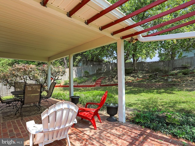 view of patio with a fenced backyard and outdoor dining space