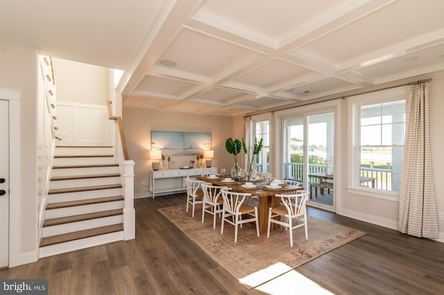 dining space with beamed ceiling, coffered ceiling, and dark wood-type flooring