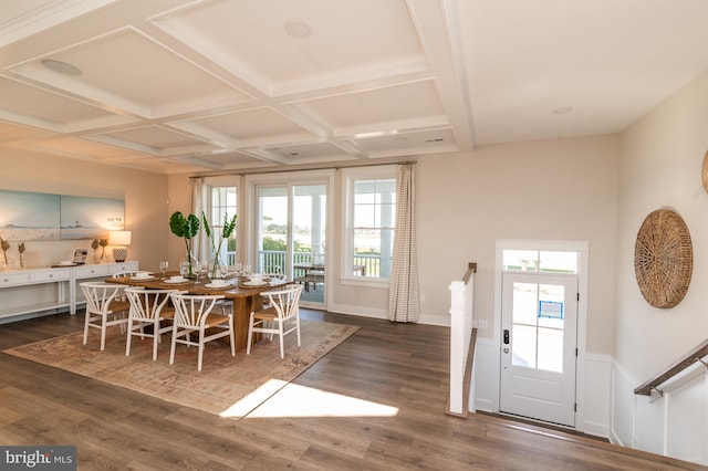 dining area featuring beam ceiling, coffered ceiling, and dark hardwood / wood-style flooring