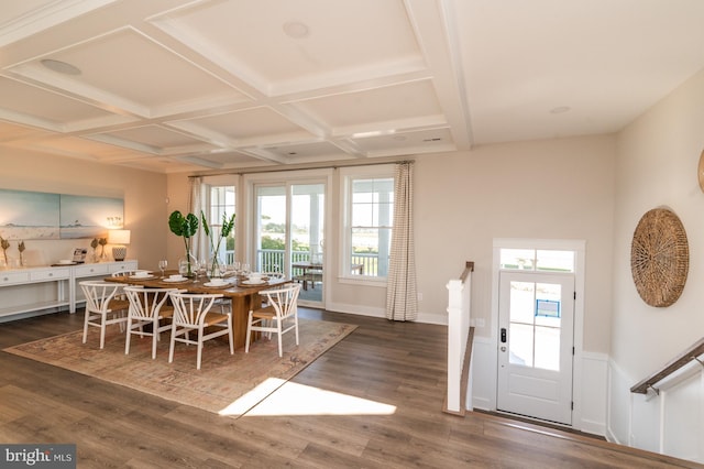 dining room featuring plenty of natural light, coffered ceiling, and dark wood-type flooring