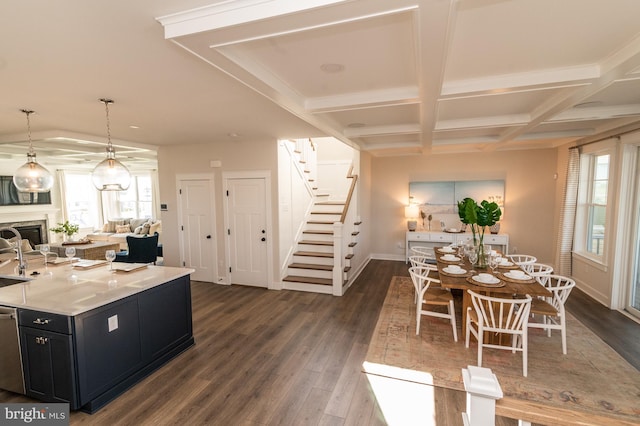 kitchen featuring plenty of natural light, dark hardwood / wood-style flooring, and coffered ceiling