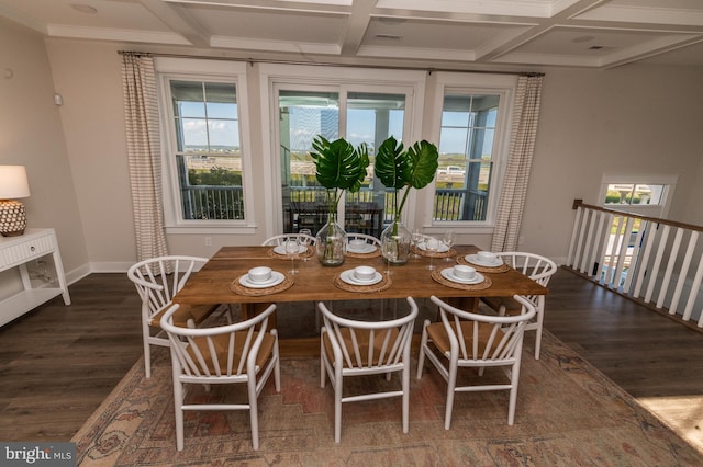 dining area with beam ceiling, dark hardwood / wood-style floors, and coffered ceiling