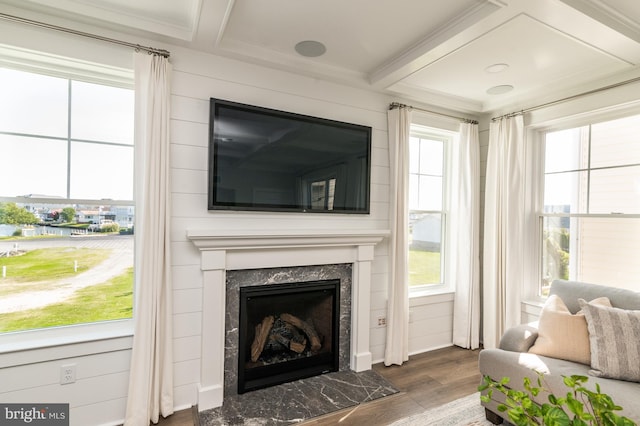 interior space with beam ceiling, coffered ceiling, dark wood finished floors, and a high end fireplace