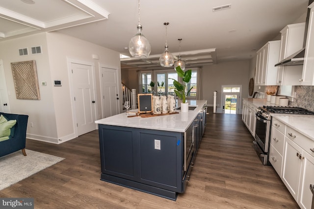 kitchen with a large island with sink, tasteful backsplash, white cabinets, stainless steel gas range, and dark wood-type flooring