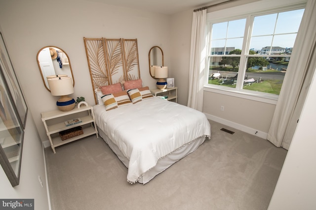 bedroom featuring carpet, visible vents, and baseboards