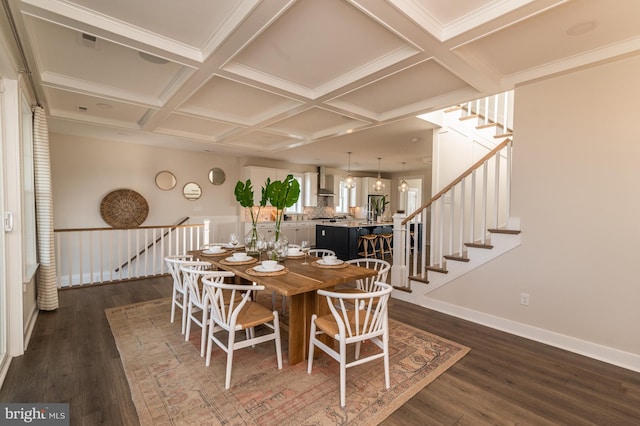 dining room featuring dark hardwood / wood-style flooring and coffered ceiling