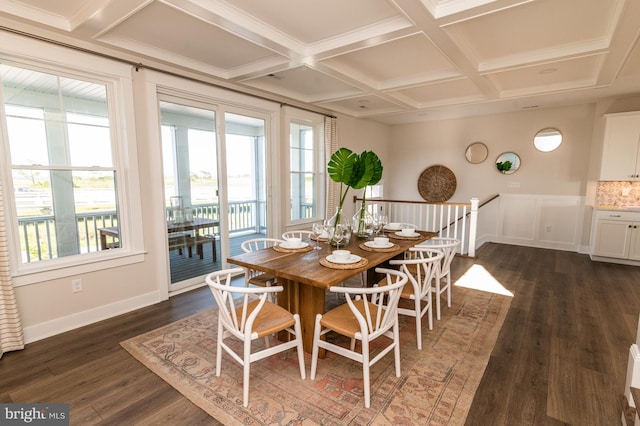 dining room featuring beam ceiling, coffered ceiling, dark wood-type flooring, and plenty of natural light