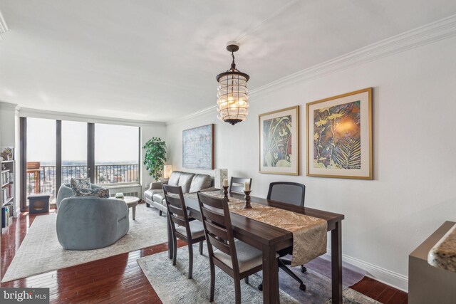 dining space with floor to ceiling windows, ornamental molding, hardwood / wood-style floors, and an inviting chandelier