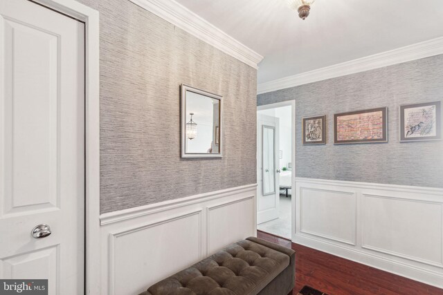 hall featuring ornamental molding and hardwood / wood-style floors