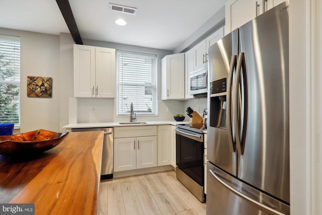 kitchen featuring light wood-type flooring, sink, appliances with stainless steel finishes, and white cabinetry