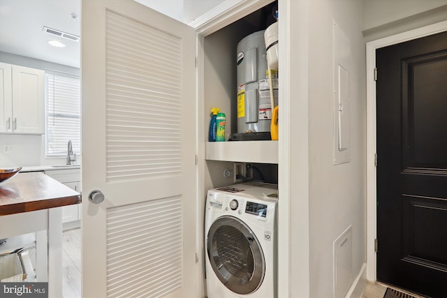 laundry room featuring washer / clothes dryer, sink, and electric water heater