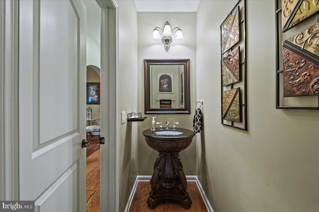 bathroom with hardwood / wood-style flooring