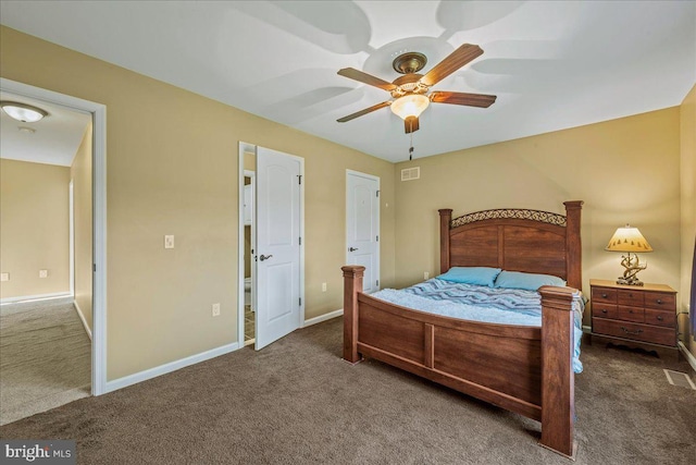 bedroom with ceiling fan and dark carpet