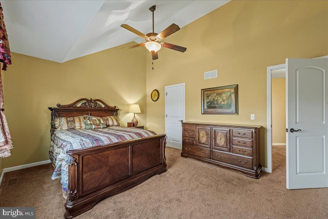 bedroom featuring ceiling fan, high vaulted ceiling, and carpet flooring