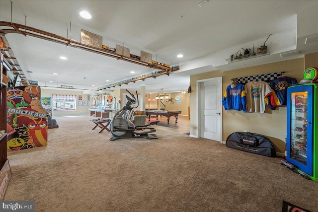 rec room with light carpet and billiards