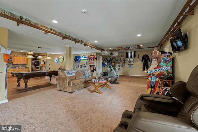 living room featuring billiards and light hardwood / wood-style flooring