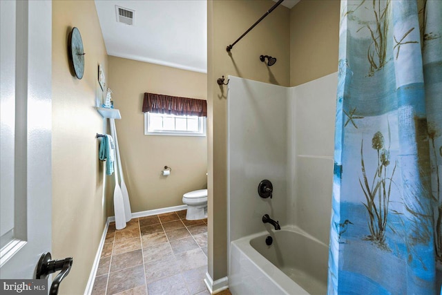 bathroom with tile patterned flooring, toilet, and shower / bathtub combination with curtain