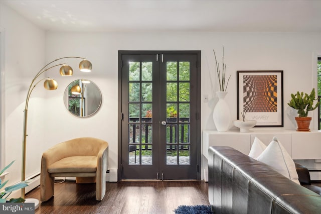 doorway featuring dark wood-type flooring, french doors, and baseboard heating