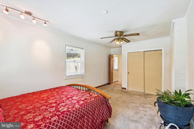 bedroom featuring rail lighting, crown molding, a closet, ceiling fan, and light carpet