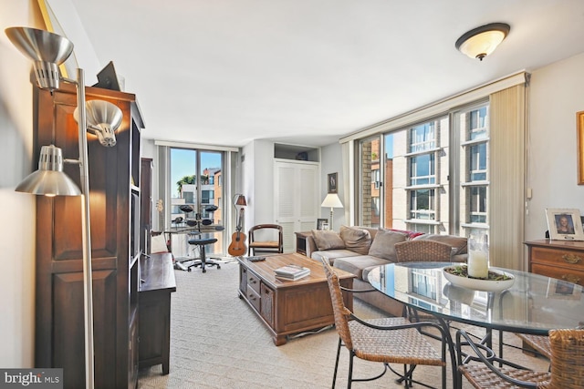 living room with floor to ceiling windows and light carpet