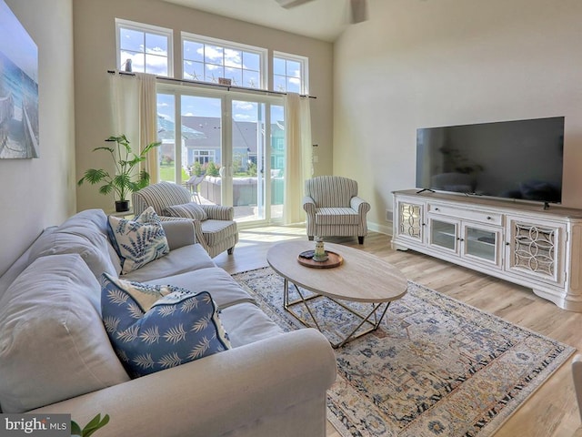 living room featuring a wealth of natural light, a towering ceiling, and light hardwood / wood-style flooring