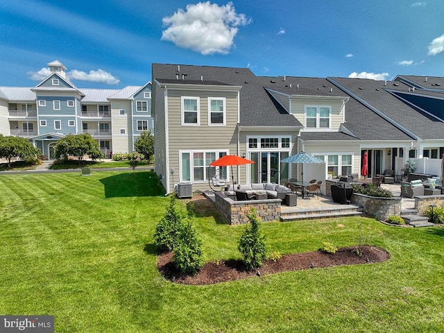 rear view of house with a yard, outdoor lounge area, central AC unit, a patio area, and a residential view