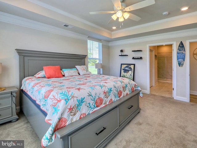 bedroom with light carpet, baseboards, visible vents, and ornamental molding