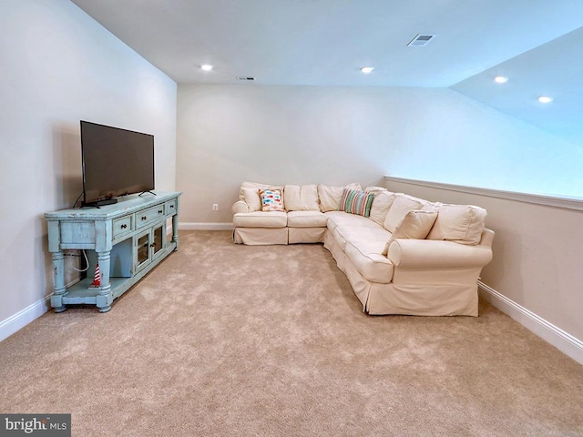 living area featuring light carpet, baseboards, visible vents, lofted ceiling, and recessed lighting