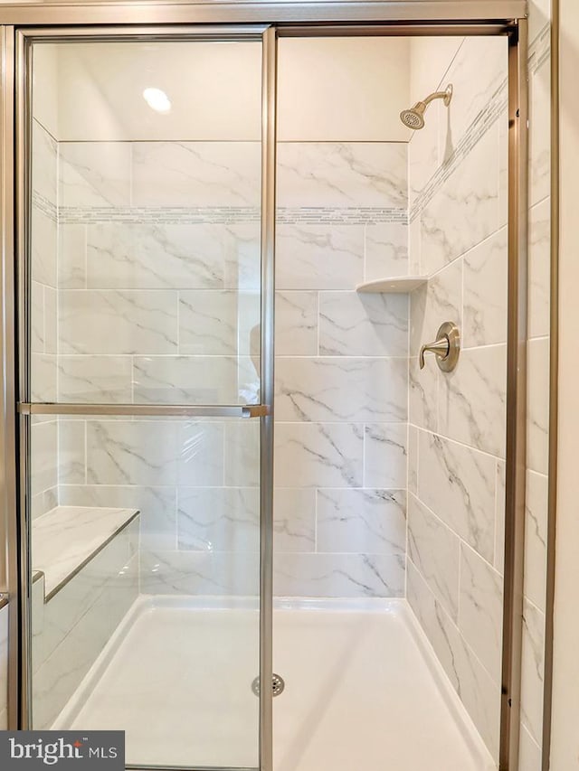 bathroom featuring a shower with shower door