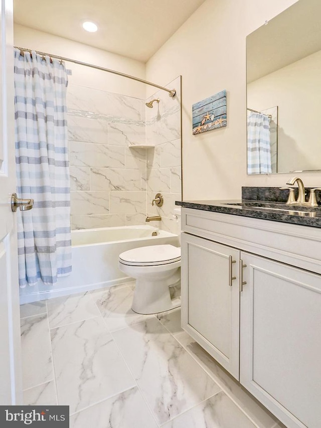 full bath with shower / bath combo, toilet, marble finish floor, vanity, and recessed lighting