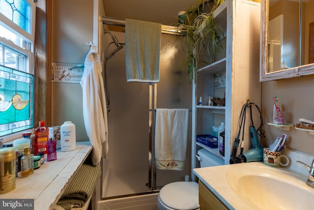 bathroom featuring vanity, toilet, and a shower with door