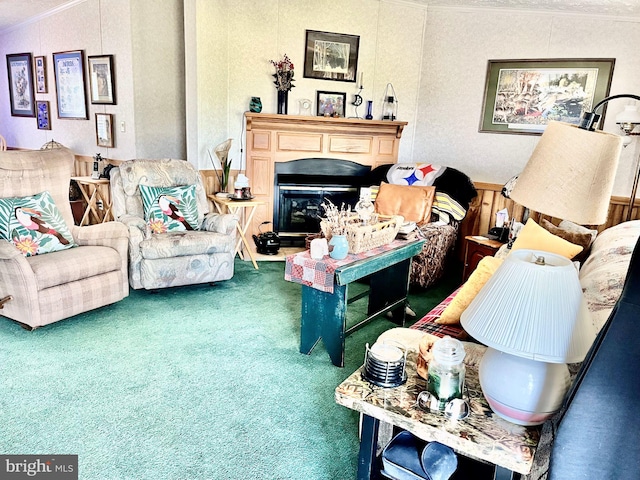 carpeted living room featuring ornamental molding