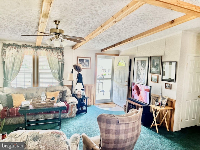 carpeted living room featuring ceiling fan, beam ceiling, and a textured ceiling