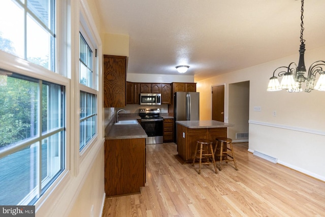 kitchen featuring sink, decorative light fixtures, appliances with stainless steel finishes, a center island, and light wood-type flooring