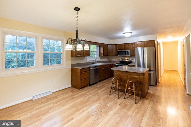 kitchen with hanging light fixtures, sink, a kitchen island, a chandelier, and appliances with stainless steel finishes