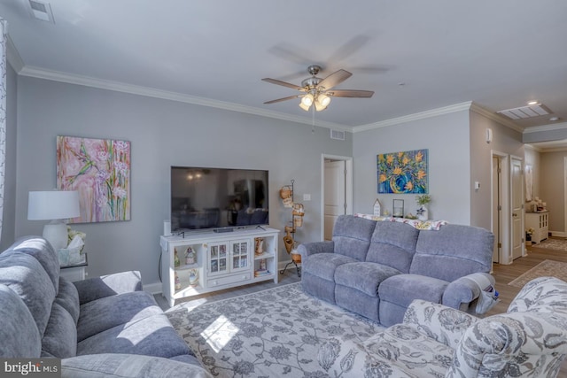 living room with ceiling fan, crown molding, and hardwood / wood-style floors