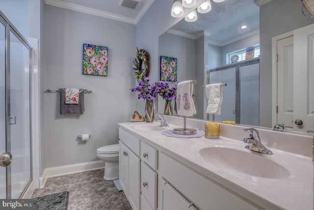 bathroom with a shower with door, toilet, tile patterned flooring, vanity, and crown molding