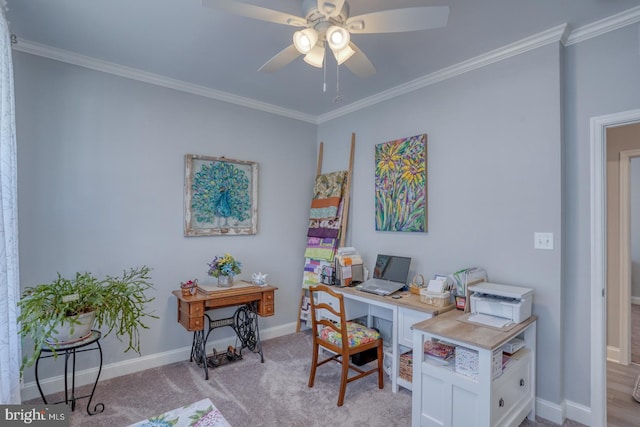 carpeted home office with ceiling fan and crown molding