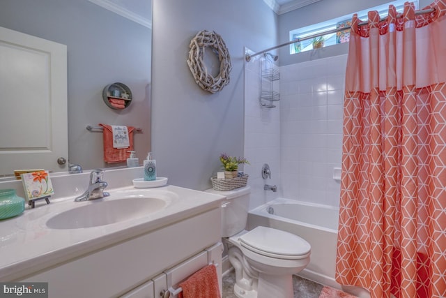 full bathroom featuring toilet, vanity, shower / bathtub combination with curtain, and ornamental molding