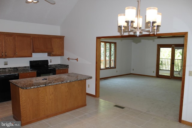 kitchen with an inviting chandelier, range, light colored carpet, black dishwasher, and vaulted ceiling