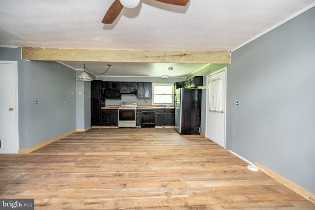 kitchen featuring dishwasher, light hardwood / wood-style floors, stainless steel refrigerator, electric range oven, and ceiling fan