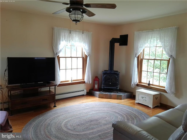 living room featuring ceiling fan, baseboard heating, hardwood / wood-style floors, and a wood stove