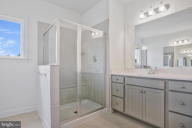 bathroom featuring tile patterned floors, vanity, and walk in shower