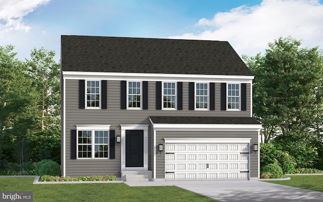 colonial home featuring driveway, entry steps, roof with shingles, an attached garage, and a front lawn