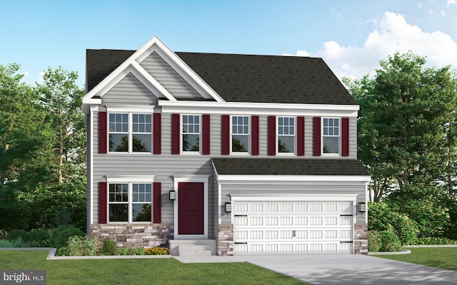 view of front of house featuring a shingled roof, stone siding, driveway, and an attached garage