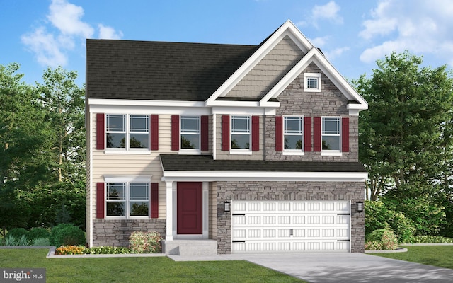 craftsman inspired home featuring concrete driveway, a front lawn, an attached garage, and stone siding