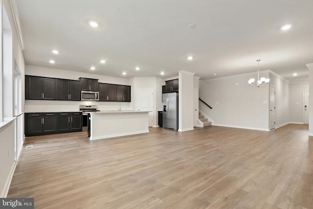 kitchen with stainless steel appliances, light countertops, hanging light fixtures, open floor plan, and a kitchen island with sink