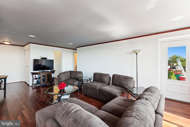 living room with crown molding and dark hardwood / wood-style flooring