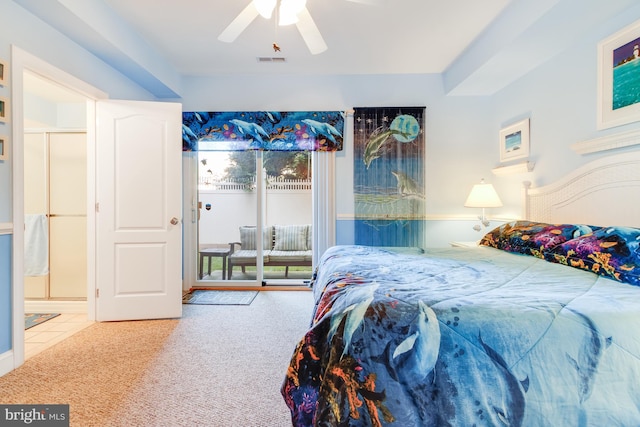 carpeted bedroom featuring access to outside, visible vents, ceiling fan, and tile patterned floors